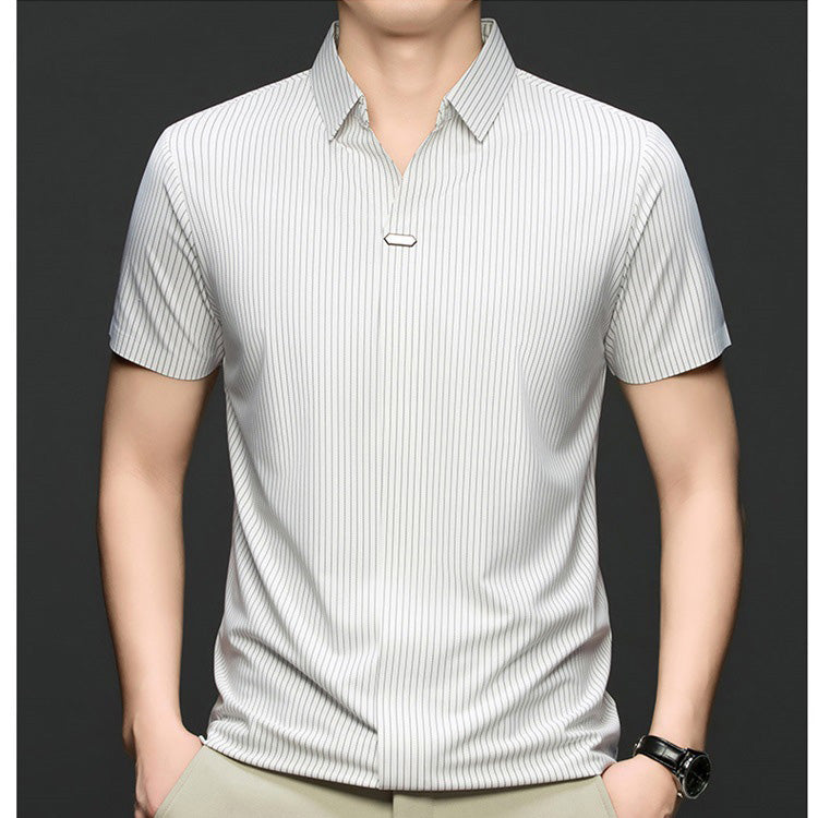 iq368-Men's Seamless Striped Short Sleeve Shirt