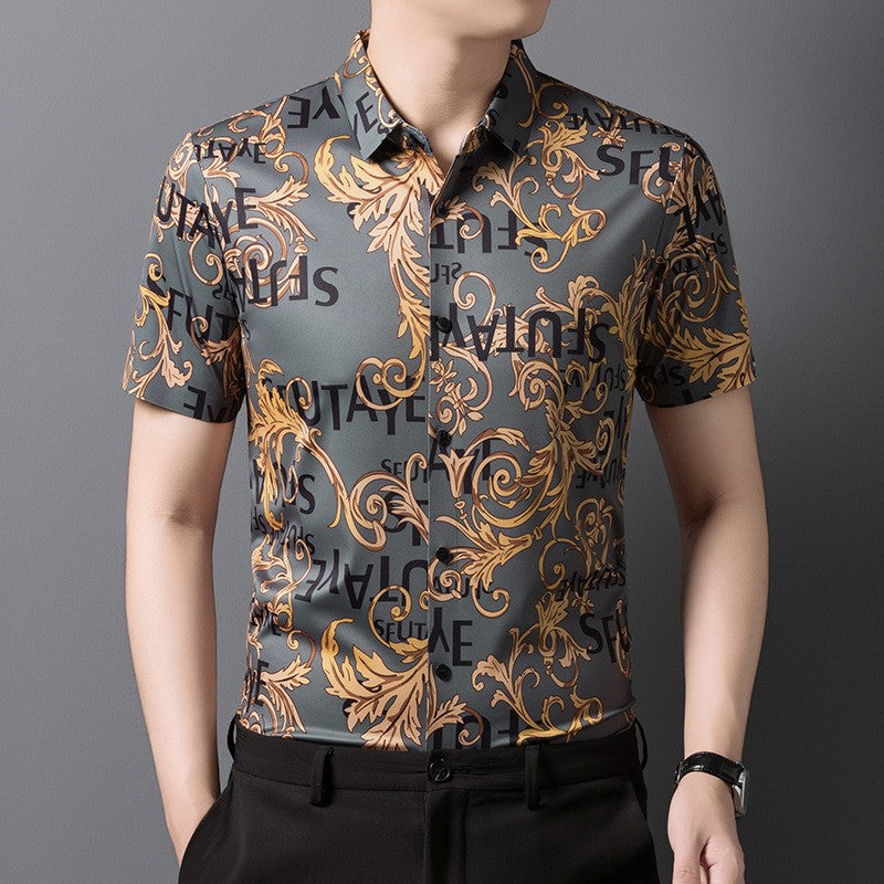 kuu378-Summer Men's Ice Silk Short Sleeve Printed Shirt
