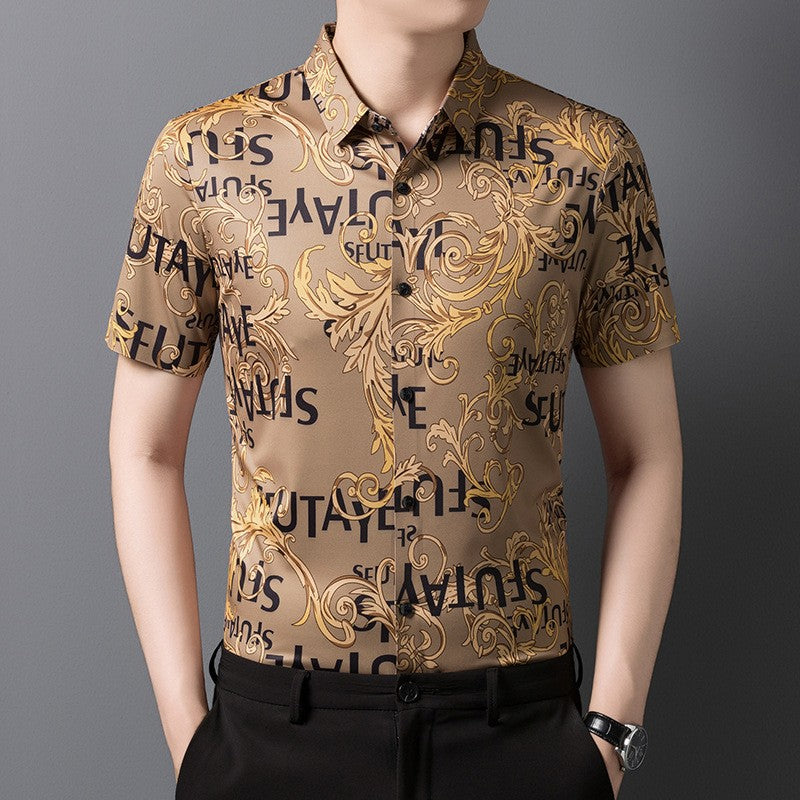 kuu378-Summer Men's Ice Silk Short Sleeve Printed Shirt