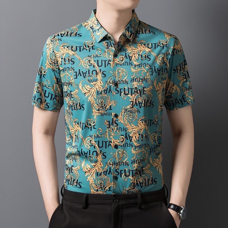 kuu378-Summer Men's Ice Silk Short Sleeve Printed Shirt