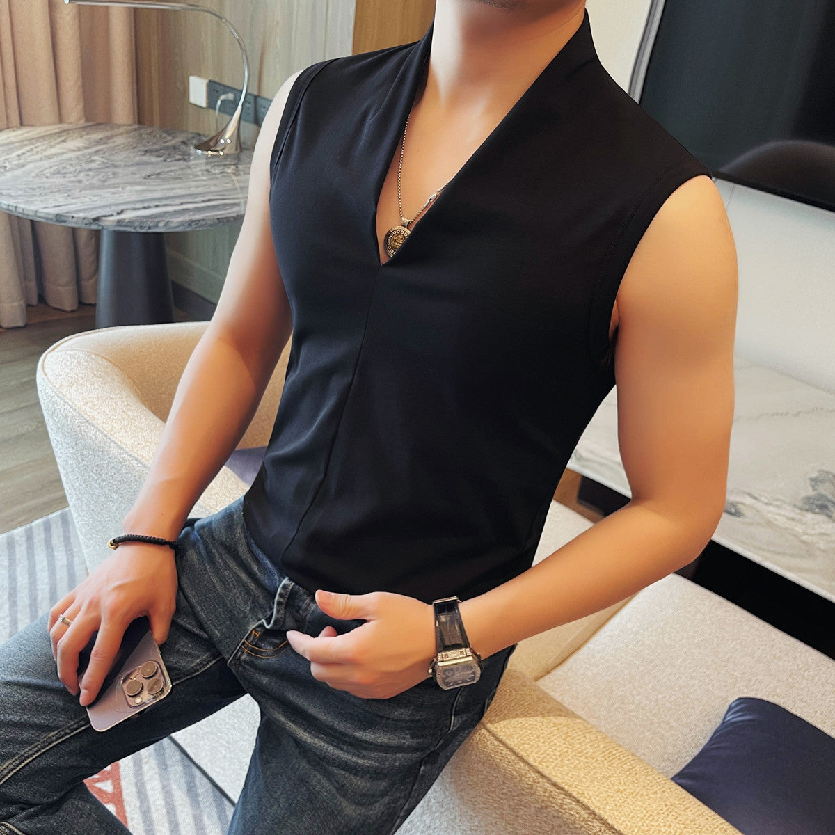 kuu408-Men's Summer Personality Fashion V-neck Sleeveless T-shirt