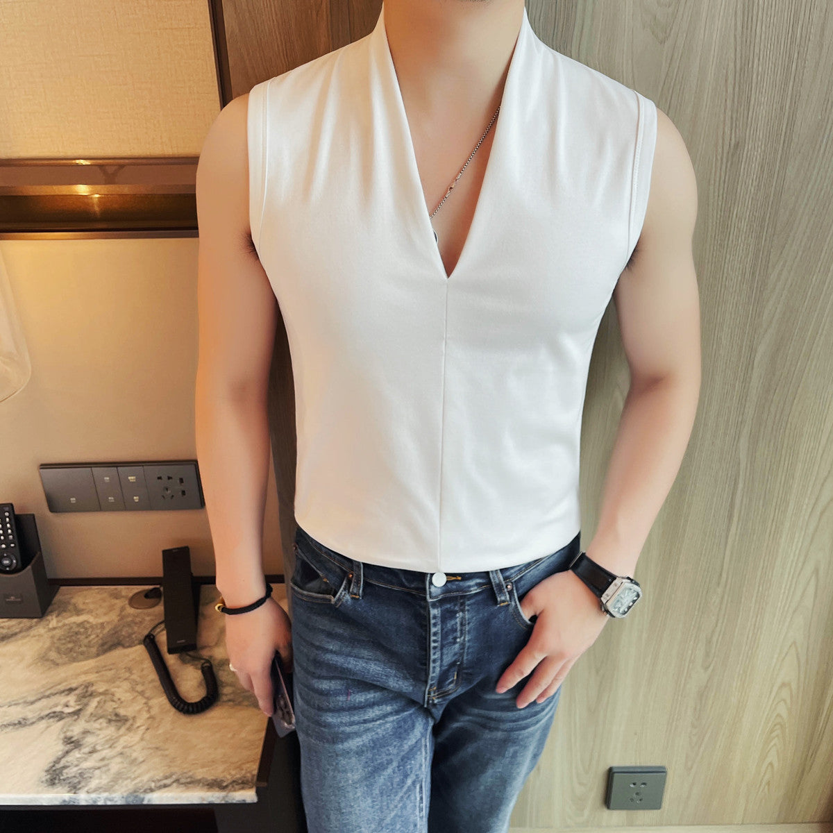 kuu408-Men's Summer Personality Fashion V-neck Sleeveless T-shirt