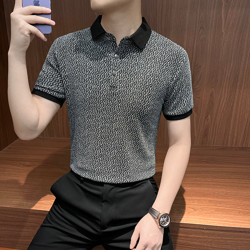 kuu415-Men's summer thin ice silk plaid short-sleeved polo shirt