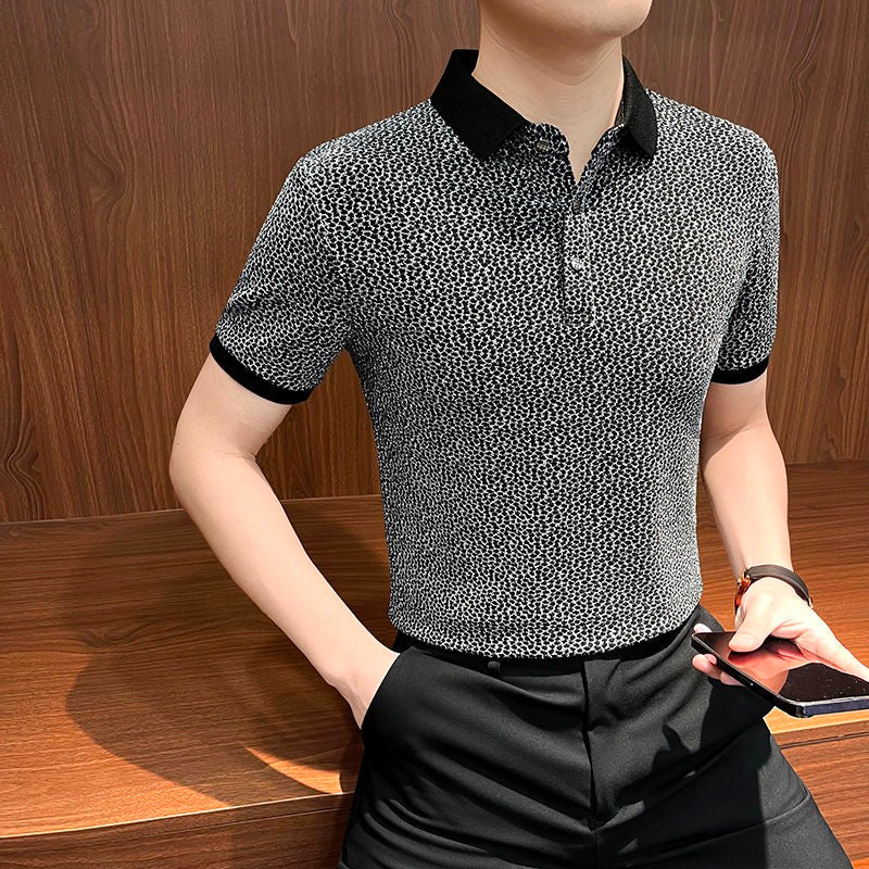 kuu415-Men's summer thin ice silk plaid short-sleeved polo shirt