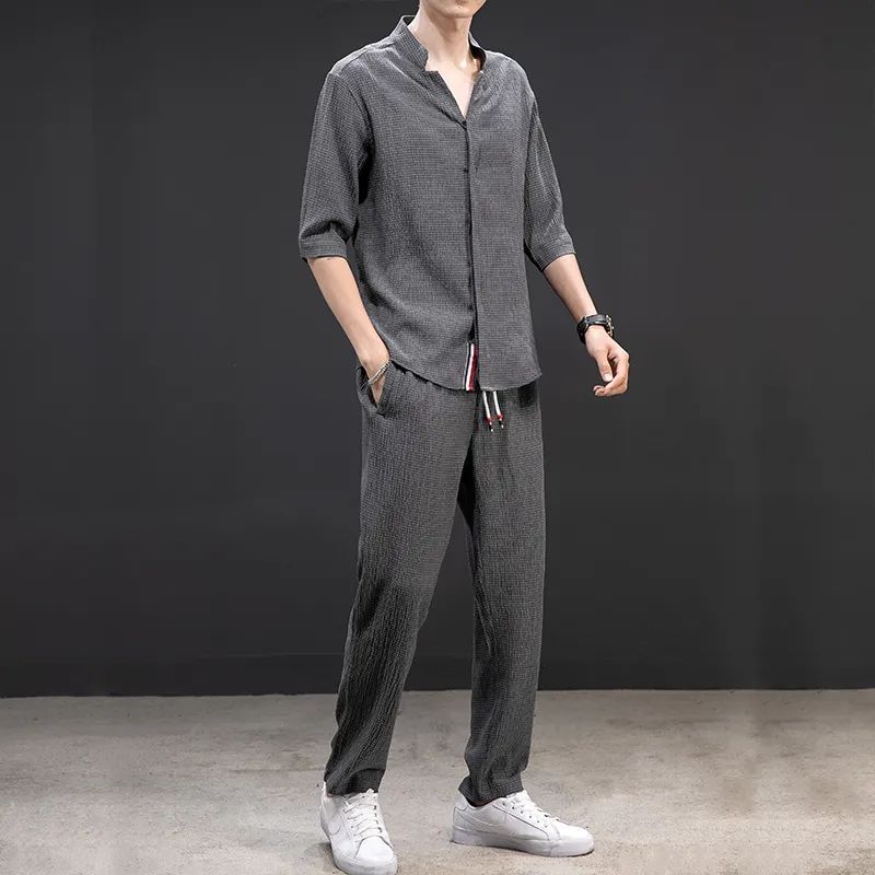 laa88-Men's cotton and linen short-sleeved T-shirt casual sports suit