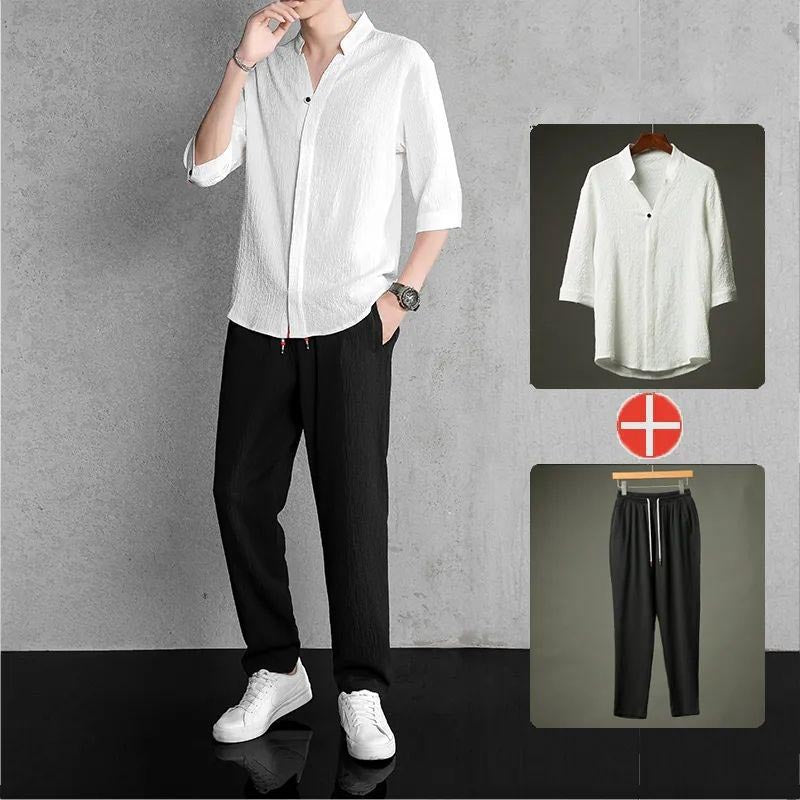 laa88-Men's cotton and linen short-sleeved T-shirt casual sports suit