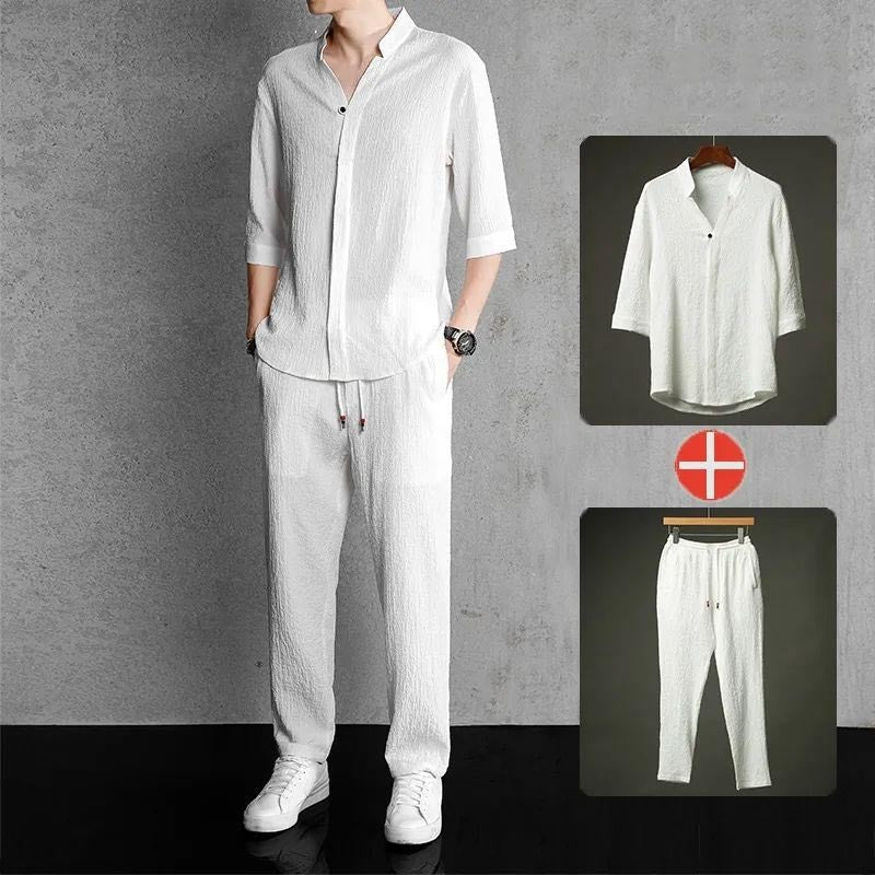 laa88-Men's cotton and linen short-sleeved T-shirt casual sports suit