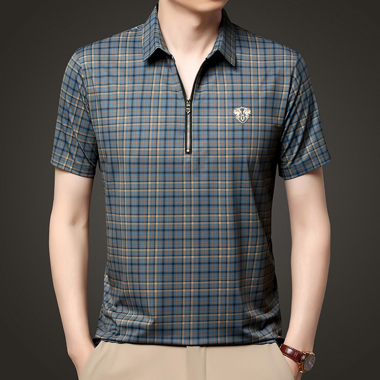 New Ice Silk Plaid Print Zipper POLO Short Sleeve T-Shirt(cm503)