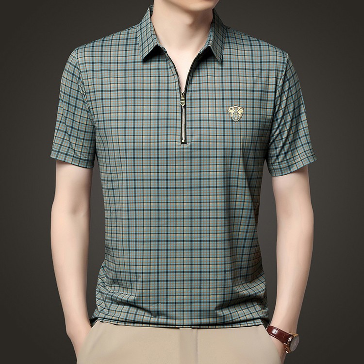 New Ice Silk Plaid Print Zipper POLO Short Sleeve T-Shirt(cm503)