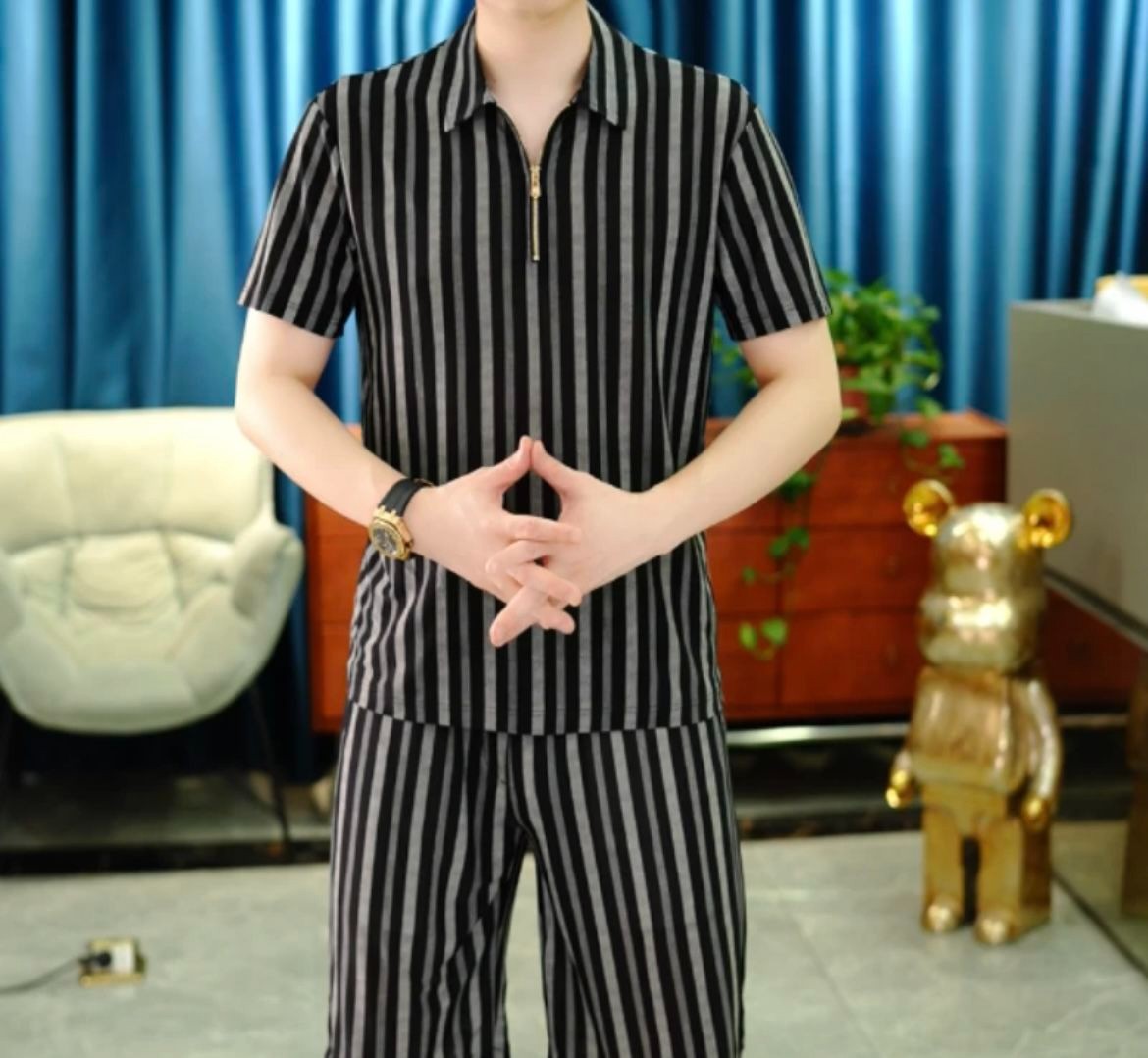 luu453-Summer men's light luxury striped short-sleeved T-shirt shorts suit