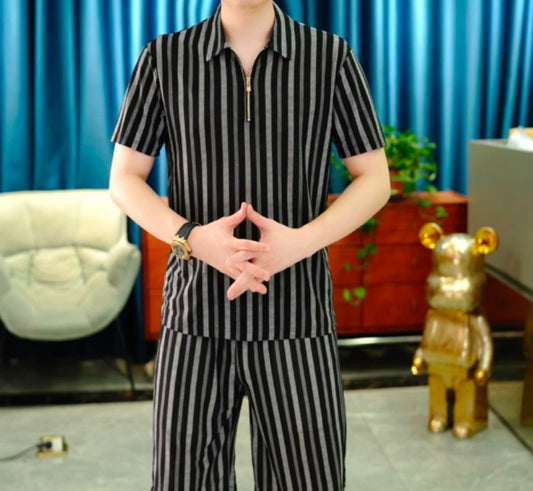 luu453-Summer men's light luxury striped short-sleeved T-shirt shorts suit
