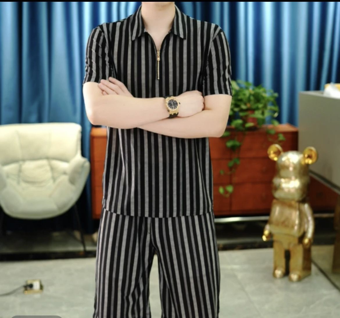 luu453-Summer men's light luxury striped short-sleeved T-shirt shorts suit