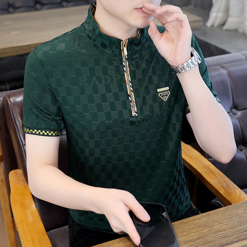 Men's ice silk zipper stand collar short-sleeved T-shirt(you411)