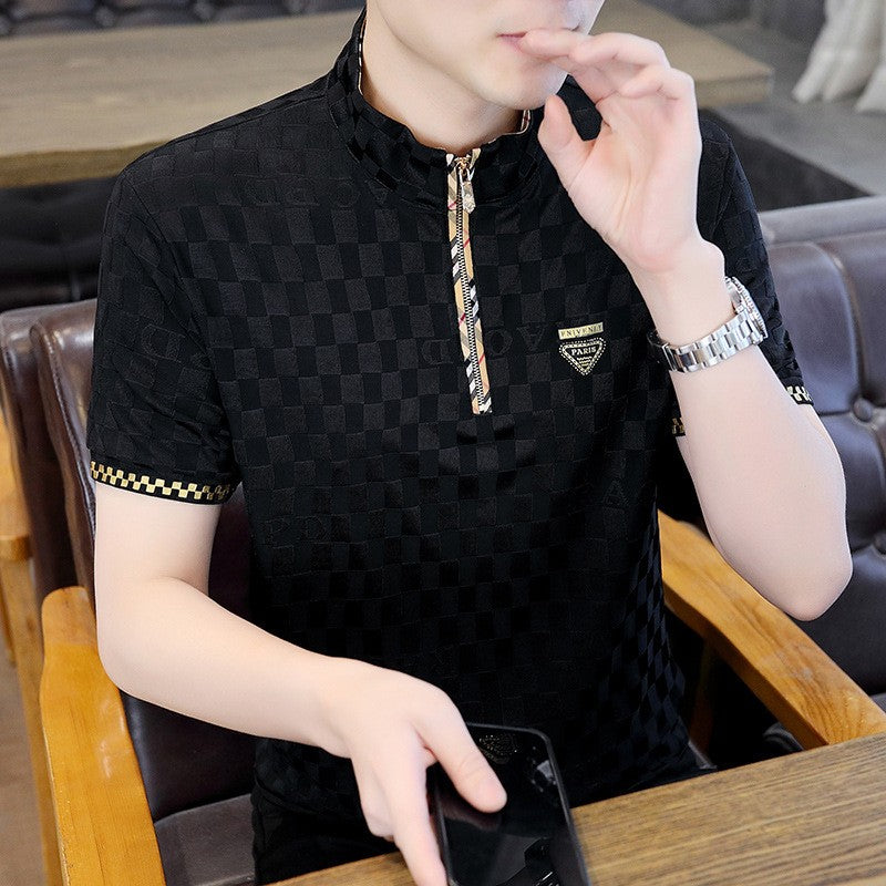 Men's ice silk zipper stand collar short-sleeved T-shirt(you411)