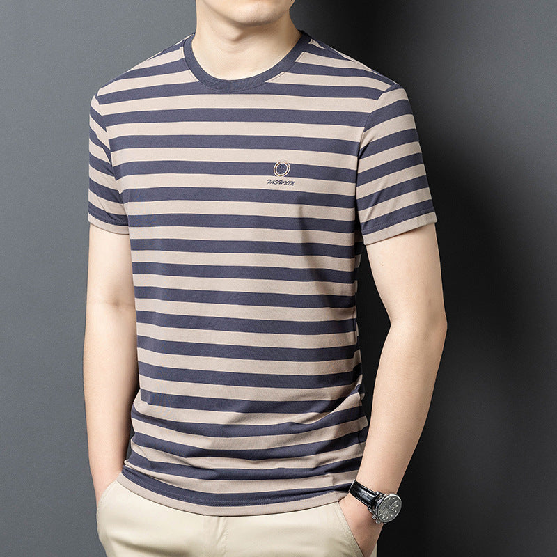 luu474-Ice silk striped round collar men's T-shirt