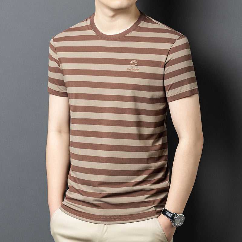 luu474-Ice silk striped round collar men's T-shirt