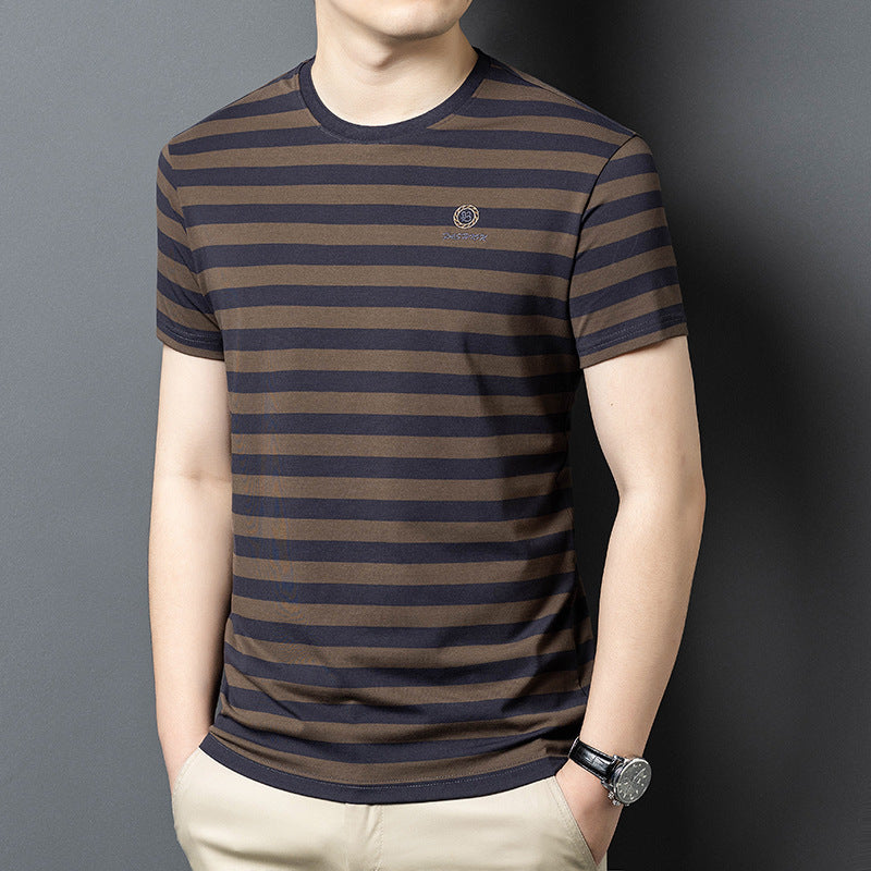 luu474-Ice silk striped round collar men's T-shirt