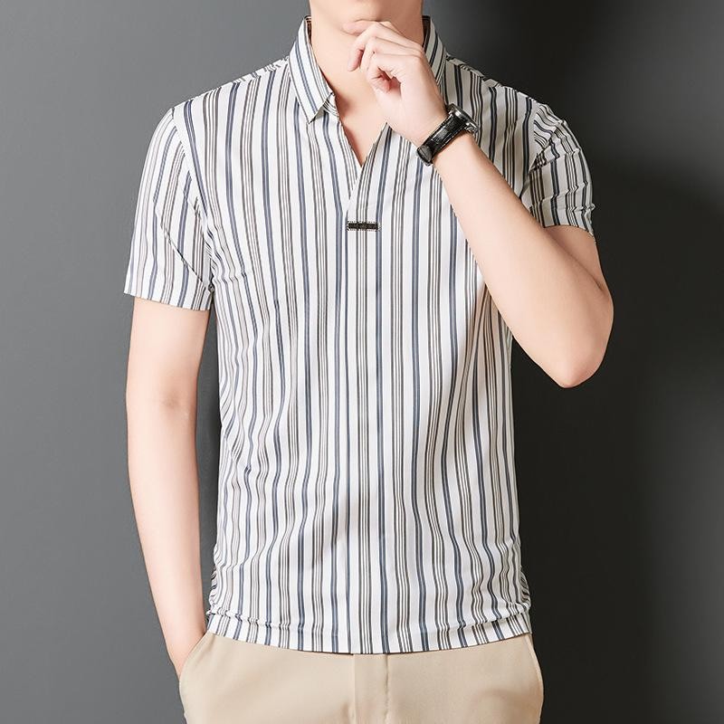 de583-Men's Casual Striped Business T-Shirt