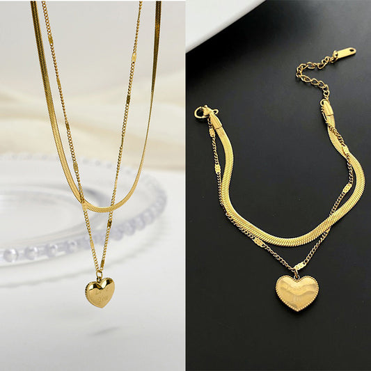 Titanium Steel Double Layer Love Necklace+Bracelet