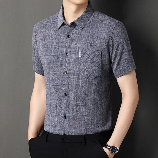 qh109-Men's cotton and linen plaid short-sleeved shirt