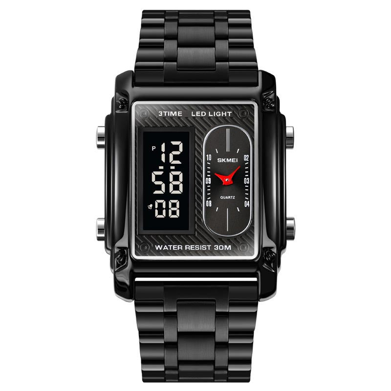 Men's Square Dual Display Waterproof Steel Band Digital Watch