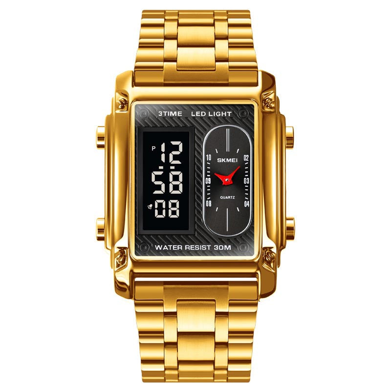 whi125-Men's Square Dual Display Waterproof Steel Band Digital Watch