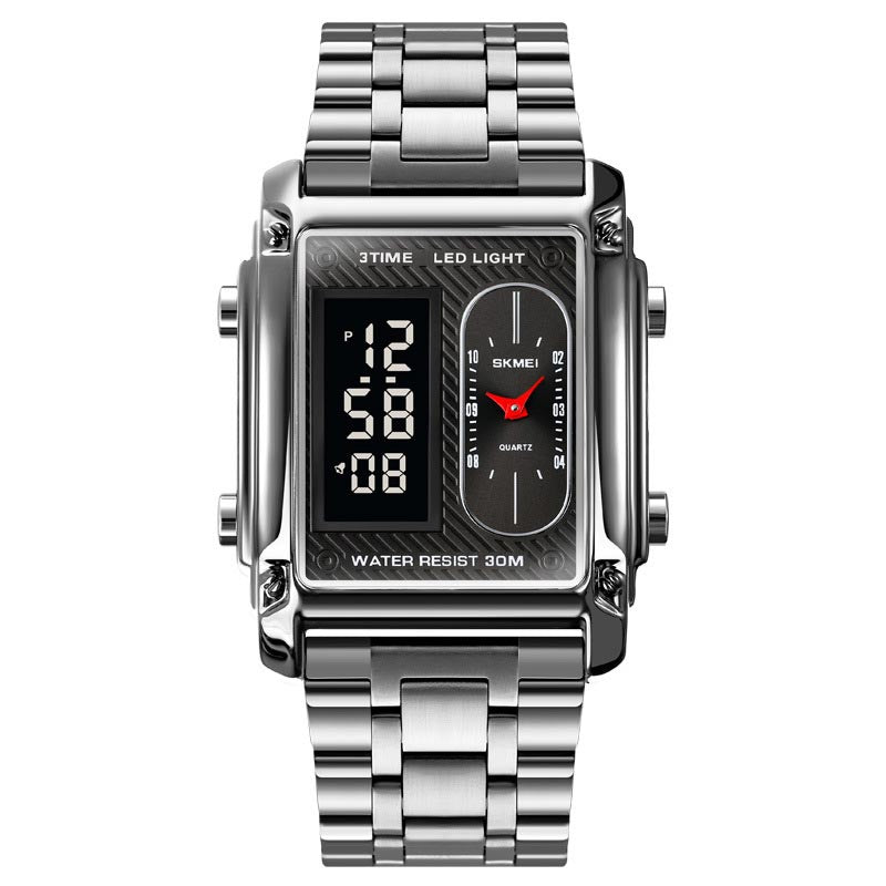 Men's Square Dual Display Waterproof Steel Band Digital Watch