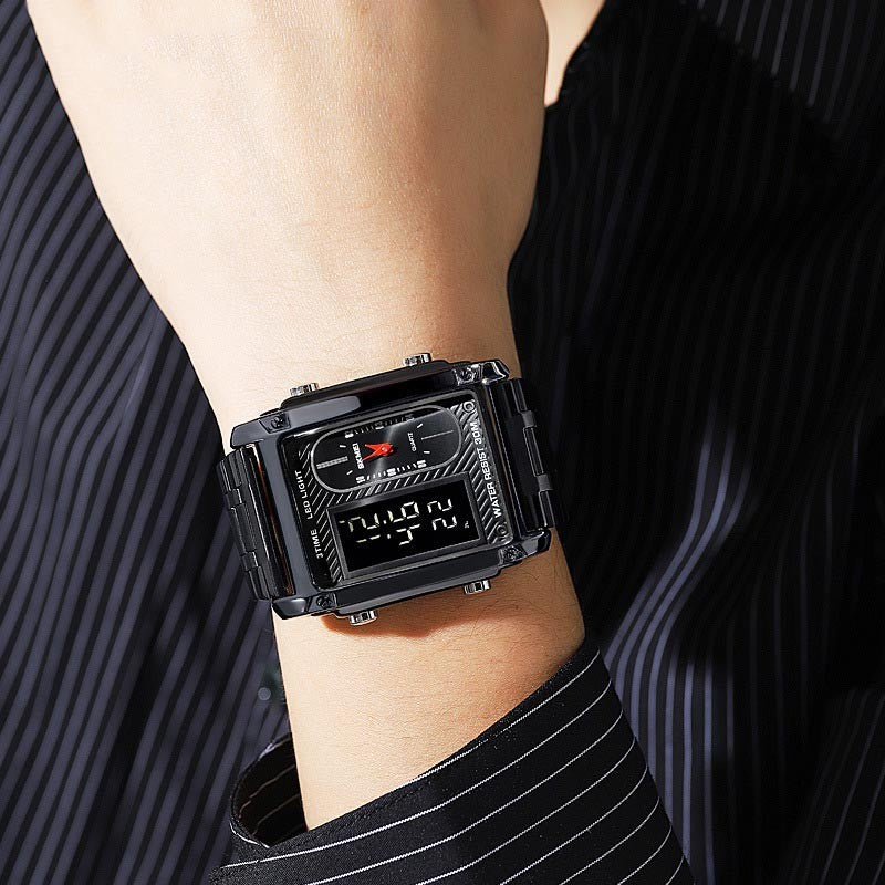 whi125-Men's Square Dual Display Waterproof Steel Band Digital Watch