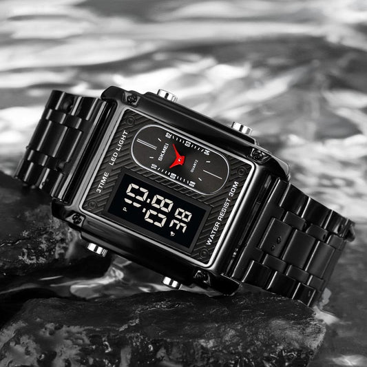 whi125-Men's Square Dual Display Waterproof Steel Band Digital Watch