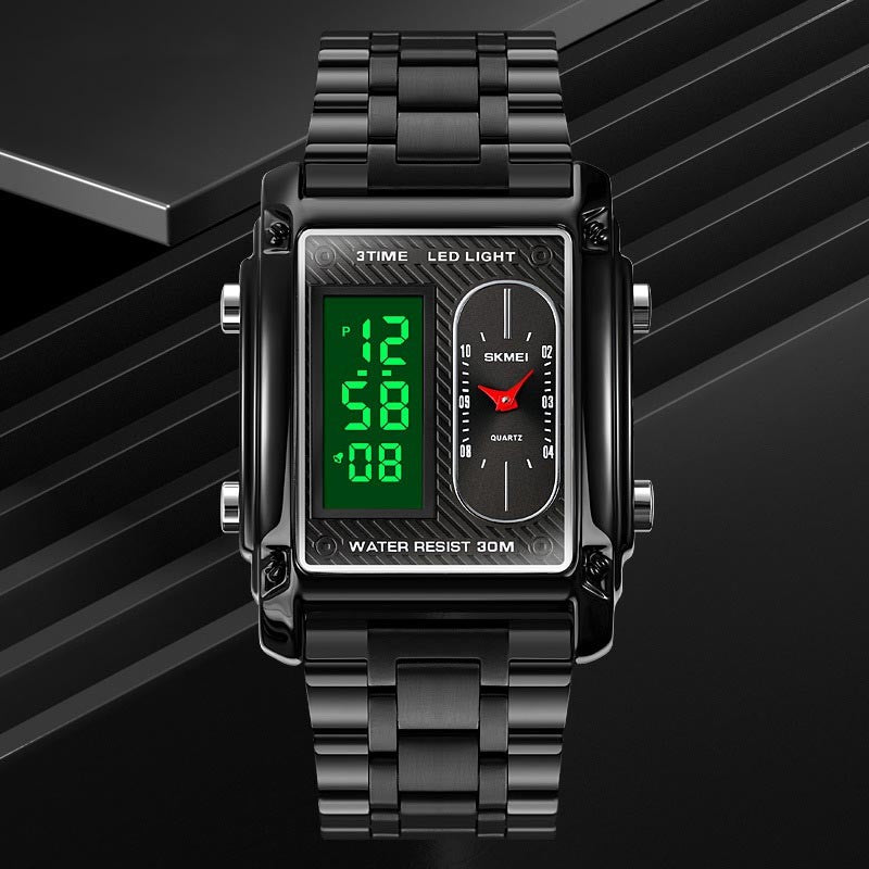 Men's Square Dual Display Waterproof Steel Band Digital Watch