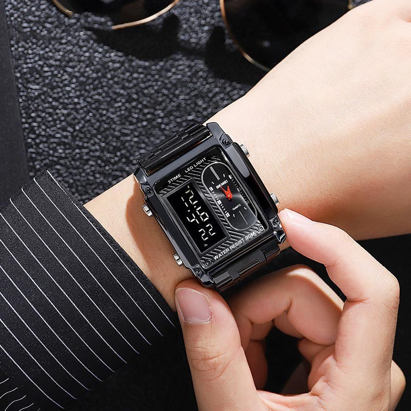 Men's Square Dual Display Waterproof Steel Band Digital Watch