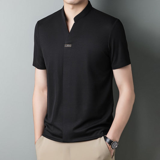 hou424-Men's Summer Stand Collar Light Mature Casual T-Shirt
