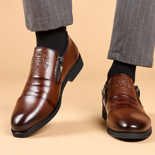 qh142-Men's lion print zipper pointed leather shoes