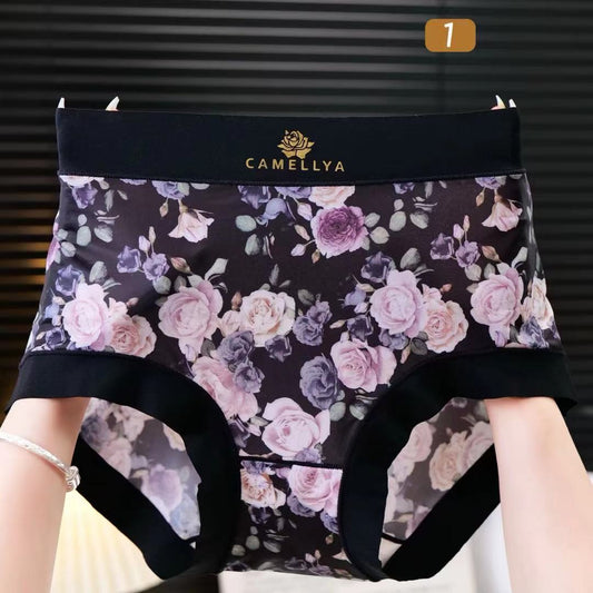 rob458-Women's Ice Silk Floral High Elastic Panties