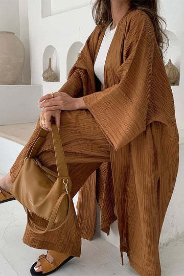 kfc04-Autumn Pleated Textured Top + Straight Casual Pants Two-Piece Set