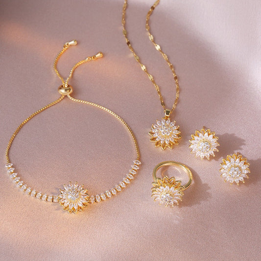 cm242-Light luxury style rotatable diamond-studded sunflower jewelry set