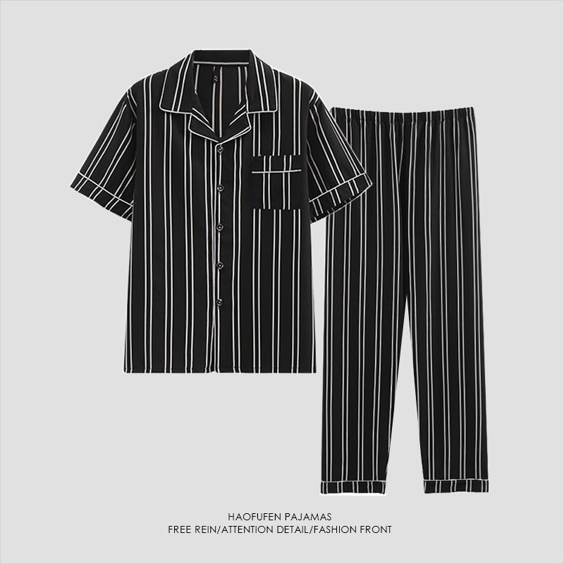luu275-Men's short-sleeved thin black and white striped home wear suit