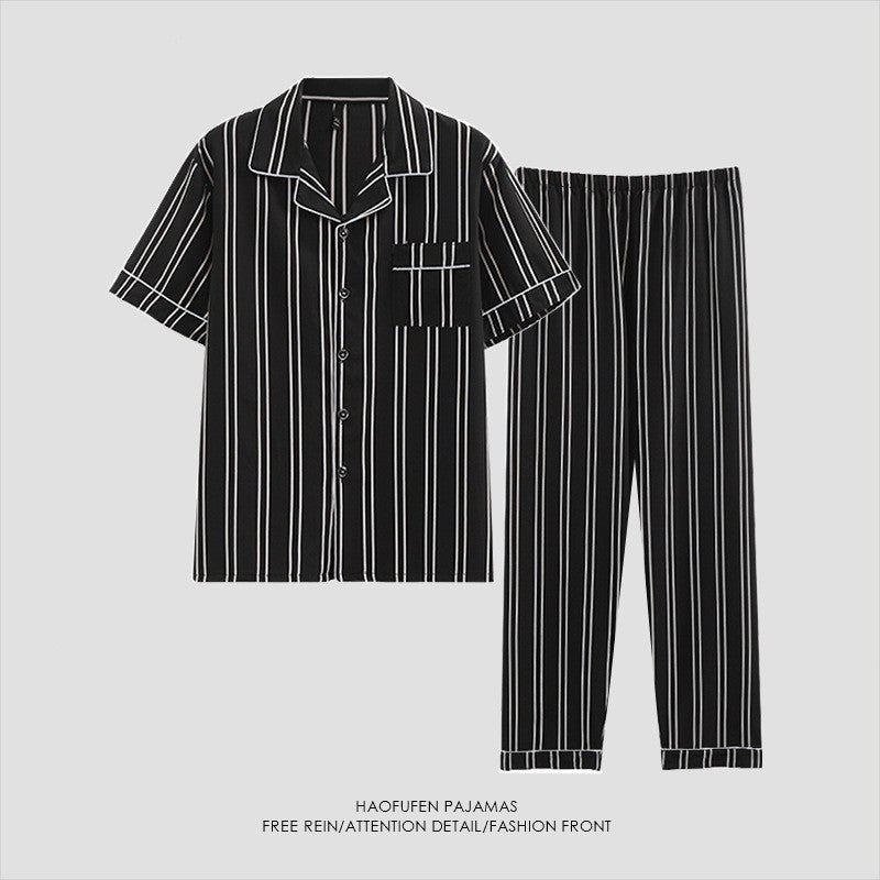 luu275-Men's short-sleeved thin black and white striped home wear suit