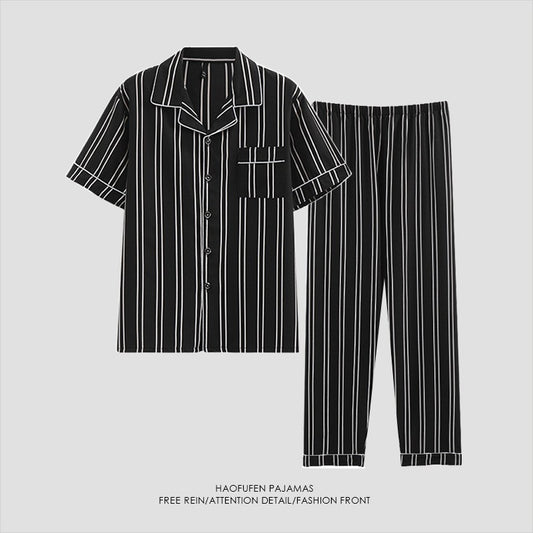 luu275-Men's short-sleeved thin black and white striped home wear suit