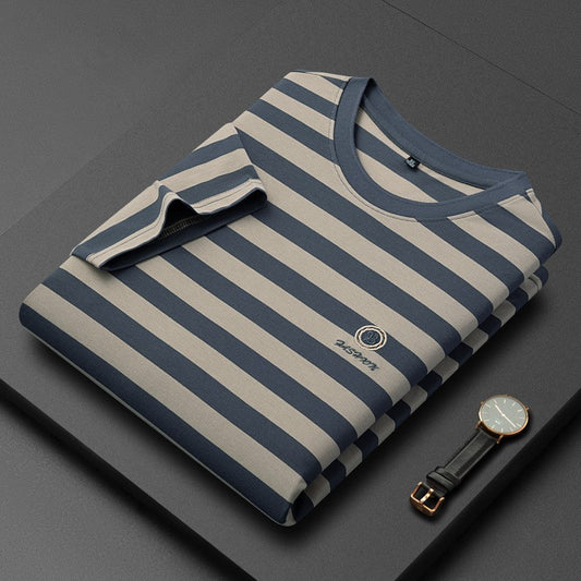zd371-Ice silk striped round collar men's T-shirt