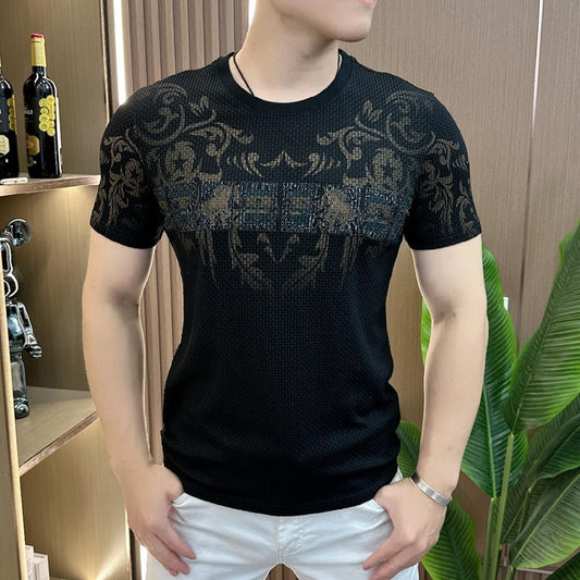 Round neck light luxury fashion casual ice silk men's short-sleeved T-shirt(cm448)