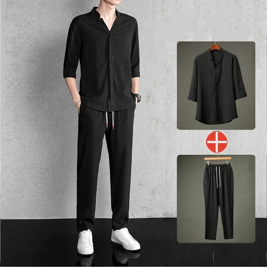 laa88-Men's cotton and linen short-sleeved T-shirt casual sports suit