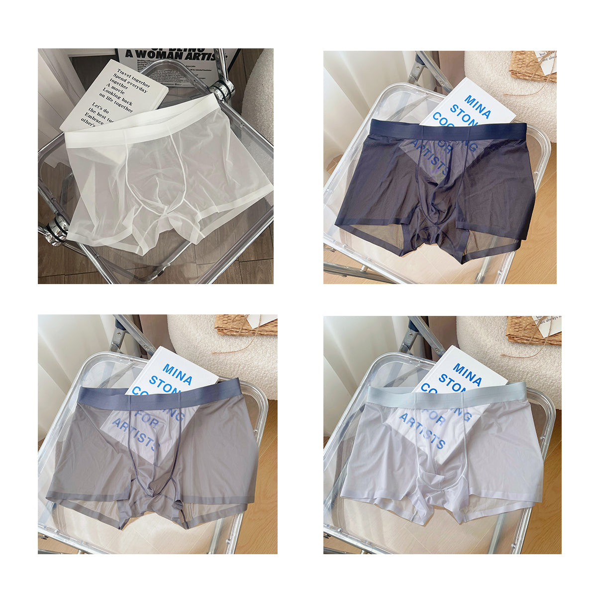 【1 Set 4Pcs】Men's transparent ice silk underwear(you415)